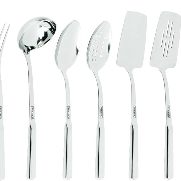Viking Kitchen Utensils Set, 8 Piece Stainless Steel Cooking Utensil Set, Includes Spatulas, Spoons, Pasta Fork, Deep Ladle, Meat Fork, and Skimmer, Silver