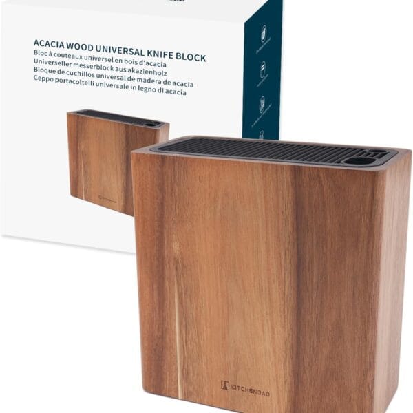 KITCHENDAO XL Acacia Wood Universal Knife Block with Slots for Scissors and Sharpening Rod, Safe, Space Saver Knives Storage Stand Display without Knives, Unique Slot Design to Protect Blade