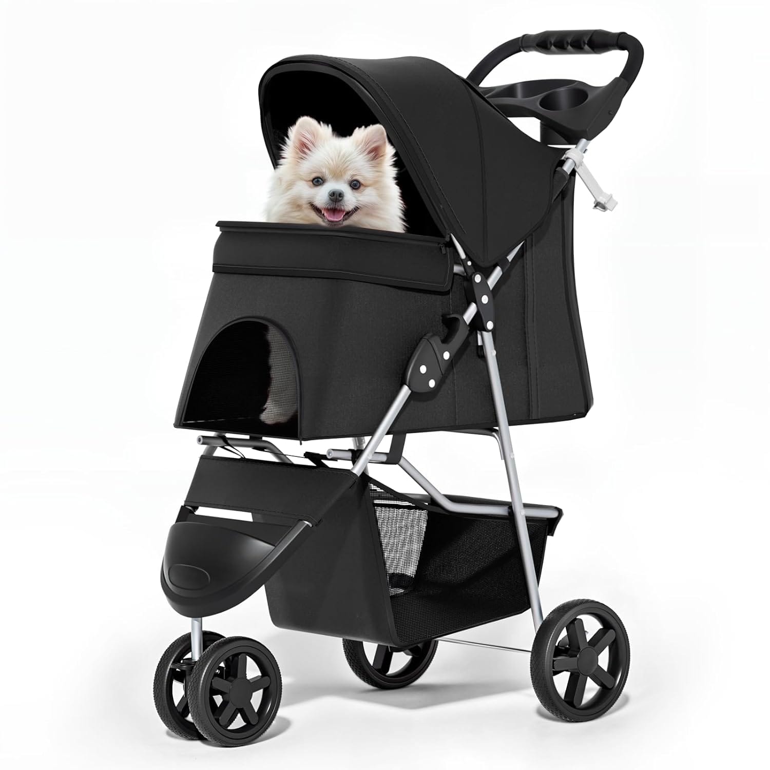 MoNiBloom Foldable Pet Stroller With Weather Cover, 3 Wheels Pet Strolling Cart For Small/Medium Dogs And Cats With Storage Basket And Cup Holder, Breathable And Visible Mesh For All Season, Black MoNiBloom Foldable Pet Stroller with Weather Cover, 3 Wheels Pet Strolling Cart for Small/Medium Dogs and Cats with Storage Basket and Cup Holder, Breathable and Visible Mesh for All-Season, Black