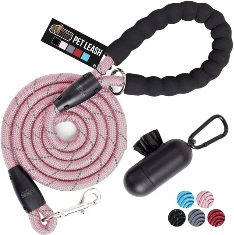 GORILLA GRIP Dog Leash, Heavy Duty Reflective Rope Leashes for Large, Medium, Small Breed Dogs, Puppy Training Essential for Walks, Hikes, Soft Handle, Rotating Metal Clip, Waste Bag Dispenser, Pink