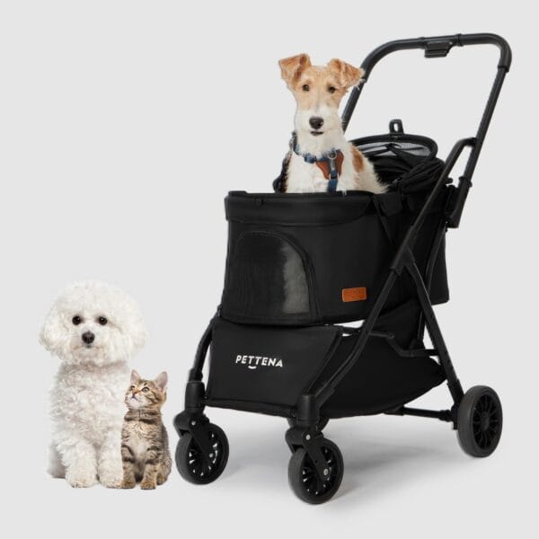 One-Pull Open Ver. PETTENA One-Touch Foldable Dog Stroller for Small Dogs Cats up to 44 Lbs, Cat Stroller for 2 Cats, Large Space, Black