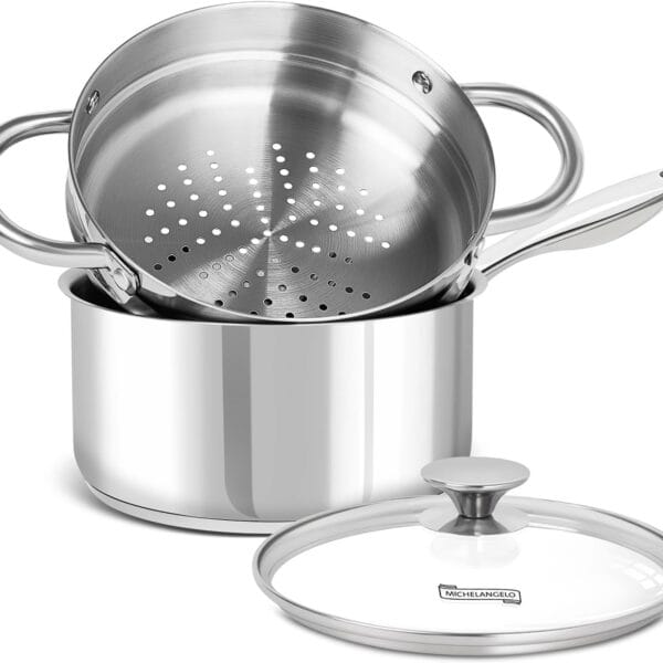 MICHELANGELO 3 Quart Saucepan with Lid & Steamer, Stainless Steel Sauce Pan with Triply Bottom, 3 QT Sauce Pot, Nonstick Saucepan Induction Compatible