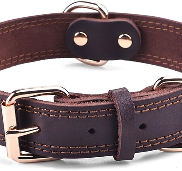 Genuine Leather Dog Collar, Heavy Duty Wide Dog Collar for Small,Medium, Large and Extra Large Dog (L: 1.2" Wide for 17"-23" Neck, Dual Stitch - Brown)