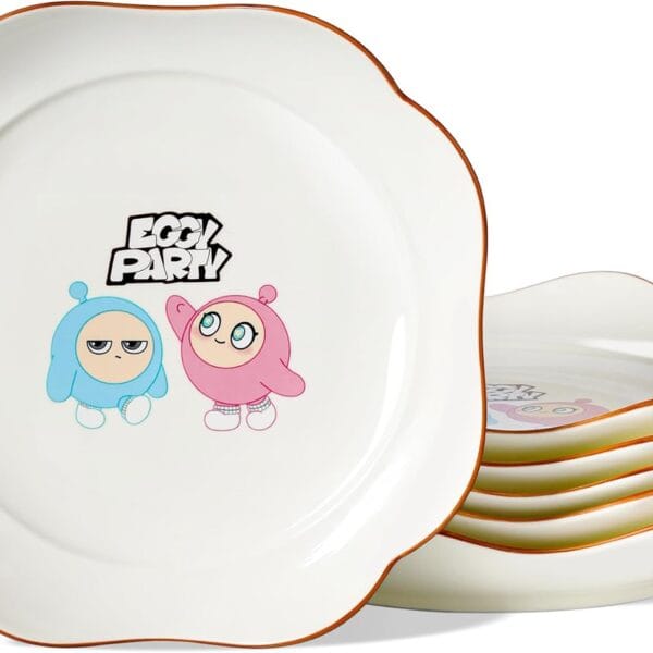 6 Pcs Porcelain Dessert Plates, 9 inch Large Size Serving Dishes for Salad, Pasta, Steak, Dishwasher Safe Kitchen Plate set, Cartoon Eggy Party Decoration
