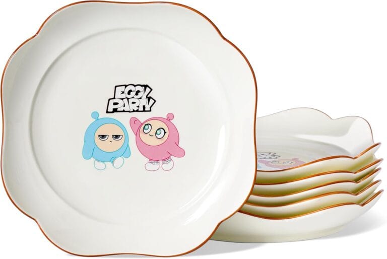 6 Pcs Porcelain Dessert Plates, 9 inch Large Size Serving Dishes for Salad, Pasta, Steak, Dishwasher Safe Kitchen Plate set, Cartoon Eggy Party Decoration