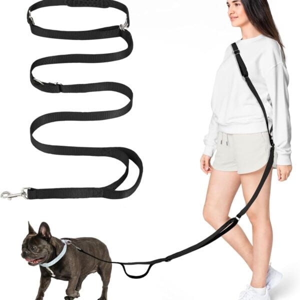 Hands Free Dog Leash, 8.5ft Versatile Crossbody Waist with 3 Rings for Puppy, Small & Medium Dogs, Easy Adjust for Running Jogging Walking, Sponge Handle, Black