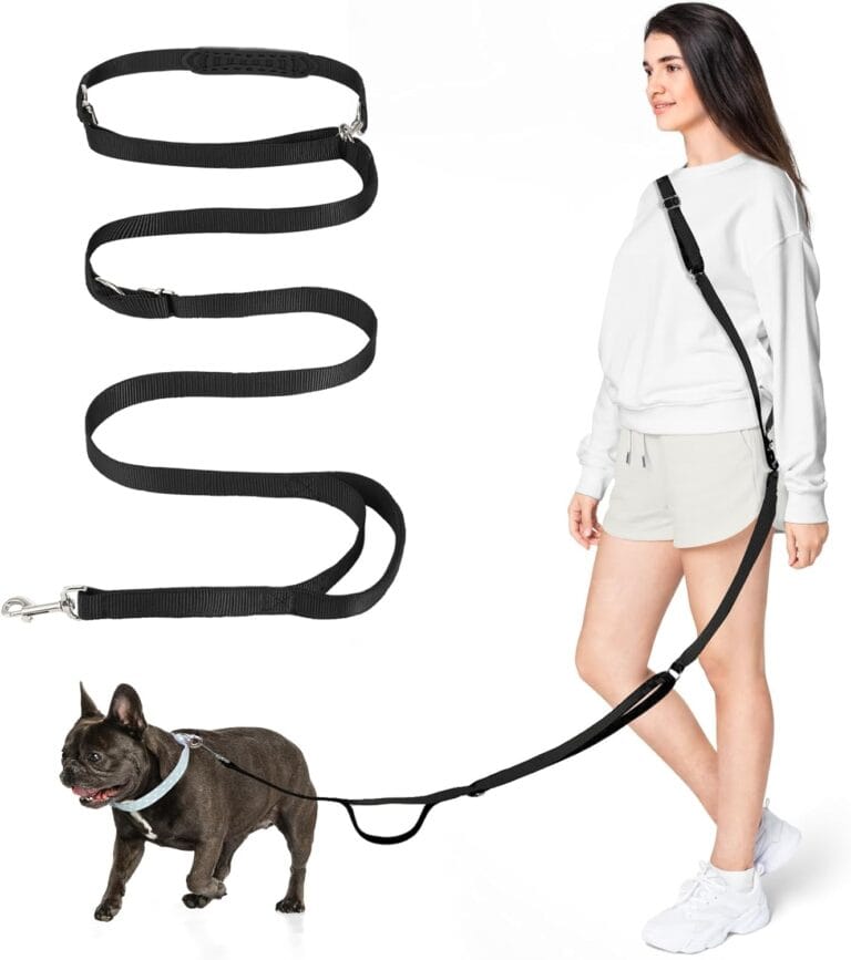 Hands Free Dog Leash, 8.5ft Versatile Crossbody Waist with 3 Rings for Puppy, Small & Medium Dogs, Easy Adjust for Running Jogging Walking, Sponge Handle, Black