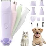 Dog Paw Trimmer - 4-in-1 Dog Clippers Grooming Kit with Low Noise & IPX7 Waterproof Design Includes Comb Paw Trimmer Nail Grinder - Rechargeable & Cordless Pet-Friendly Clipper (Purple)