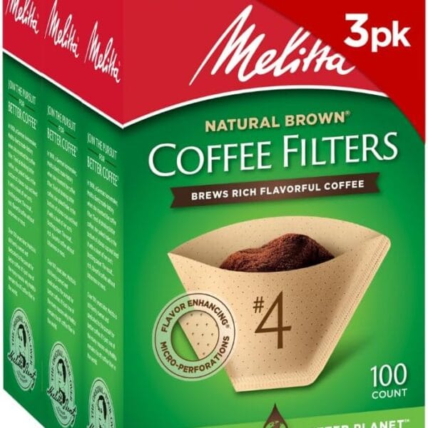 Melitta #4 Cone Coffee Filters, Unbleached Natural Brown, 100 Count (Pack of 3), 300 Total Filters - Packaging May Vary