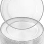 Goodluck 12 Inch Disposable Charger Plates Plastic, 100 Pack Plastic Clear Charger with Silver Rim for Dinner, Wedding, Party