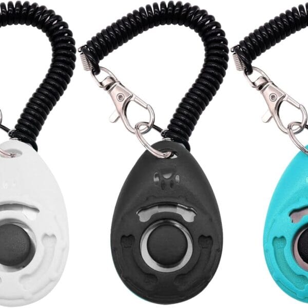 Dog Training Clicker with Wrist Strap Durable Lightweight Easy to Use,Pet Training Clicker for Cats Puppy Birds Horses,Perfect for Behavioral Training 3-Pack (Black,White and Water Lake Blue) (3)