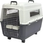 SportPet Designs Plastic Kennels Rolling Plastic Wire Door Travel Dog Crate- Large Kennel, Gray