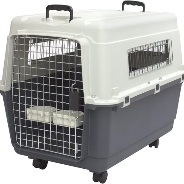 SportPet Designs Plastic Kennels Rolling Plastic Wire Door Travel Dog Crate- Large Kennel, Gray