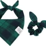 E-Clover Summer Dog Bandanas Boy & Matching Scrunchie Set Plaid Dog Bibs Scarf Triangle Kerchief Bandana for Medium Large Dogs Birthday Gifts Pet Owner Mom Green