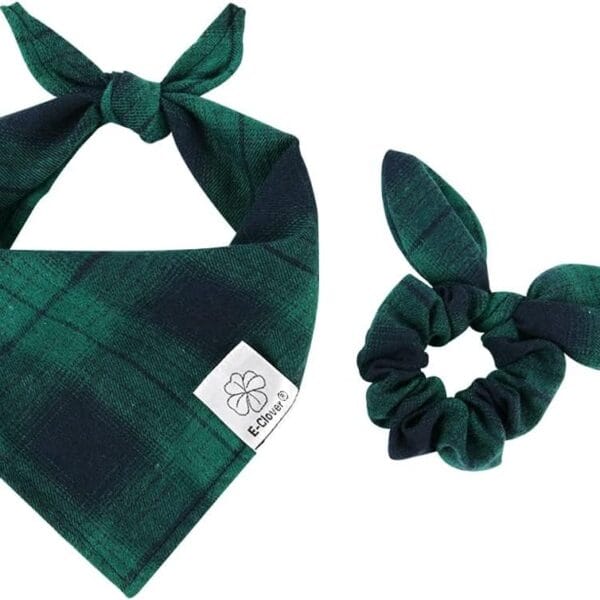 E-Clover Summer Dog Bandanas Boy & Matching Scrunchie Set Plaid Dog Bibs Scarf Triangle Kerchief Bandana for Medium Large Dogs Birthday Gifts Pet Owner Mom Green