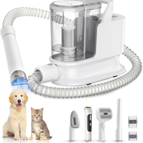 Dog Grooming Kit & Dog Grooming Vacuum, 12Kpa Suction Pet Vacuum Grooming Kit with Low Noise, 3 Suction Mode, 2L Capacity, 5 Pet Grooming Tools for Shedding Cat Hair, Home Cleaning