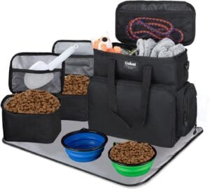 Dog Travel Bag Airline ApprovedPet Travel Tote with Collapsible Bowls,Food Containers & Feeding MatMulti-Pocket Organizer for Dogs & Cats, Durable & Water-Resistant for Hiking,Trips,Outdoors