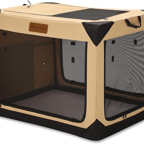 36 Inch Collapsible Soft Dog Crate for Large Dogs, 4-Door Foldable Travel Dog Kennel with Durable Mesh Windows for Indoor & Outdoor Portable Pet Crate, Soft Side Dog Crate, Beige