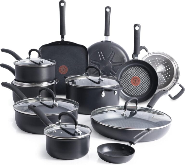 T-Fal Ultimate Hard Anodized Nonstick Cookware Set 17 Piece, Nonstick Pots and Pans Set with Fry Pan, Saucepans, Saute-Pan, Griddle, Dishwasher Safe, Black
