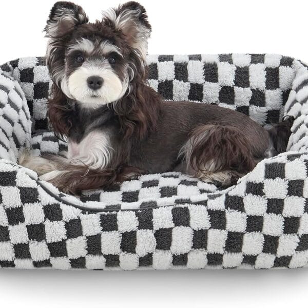 JOEJOY Dog Beds for Small Dogs -Cute Cat Beds for Indoor Cats Calming Pet Beds, Rectangle Orthopedic Cuddle Puppy Bed with Jacquard Shaggy Plush & Anti Slip Bottom, 20x19x6inches, Grey