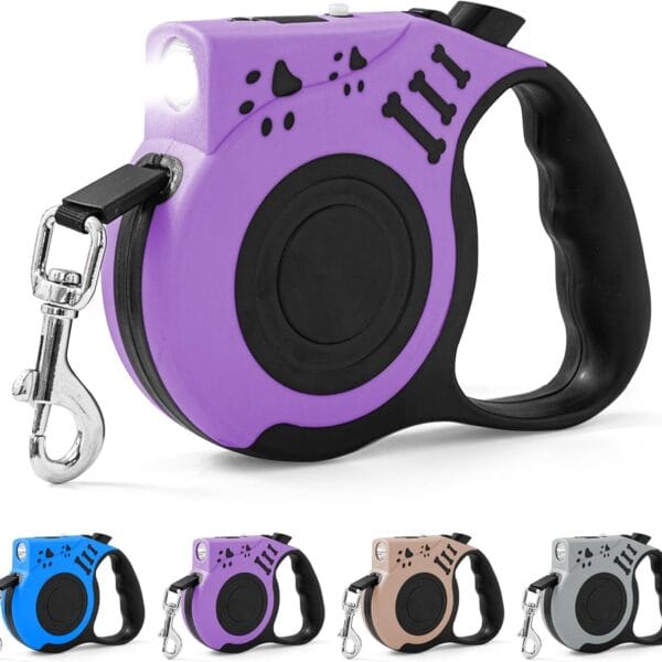 Retractable Dog Leash with USB Rechargeable Flashlight for Night Walks, 16FT Automatic Telescopic Tractor Dog Leash for Small and Medium Dogs, Purple