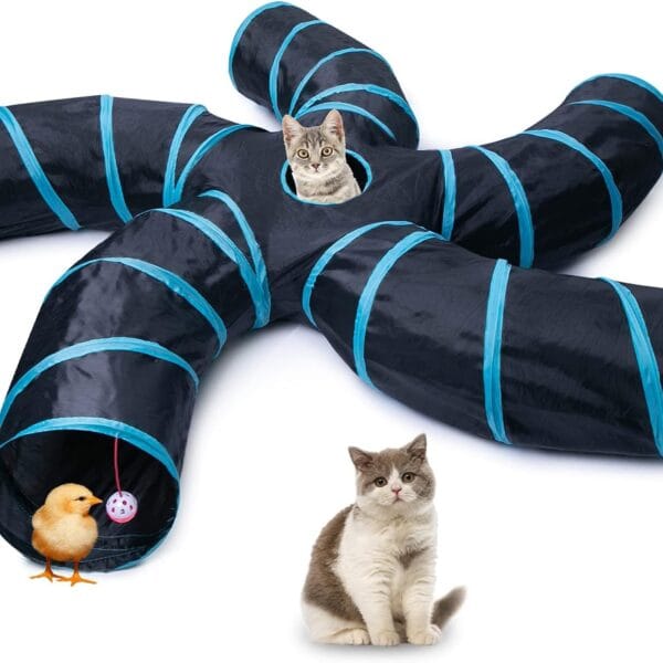 EGETOTA Cat Tunnel for Indoor Cats Large, with Play Ball S-Shape 5 Way Collapsible Interactive Peek Hole Pet Tube Toys, Puppy, Kitty, Kitten, Rabbit (Blue & Black)