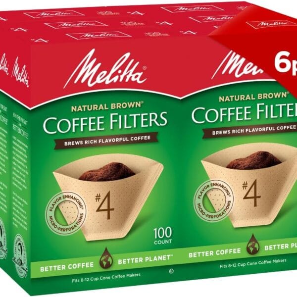 Melitta #4 Cone Coffee Filters, Natural Brown, 100 Count, Pack of 6