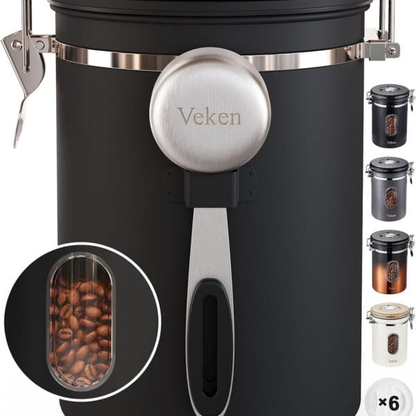 Veken Coffee Canister with Window,Airtight Stainless Steel Container,Home Kitchen Food Storage Organizers for Grounds,Beans,Espresso,Rice,Tea,Sugar,Cereal, Flour,Scoop,Bar Accessories,Gifts,22OZ,Black