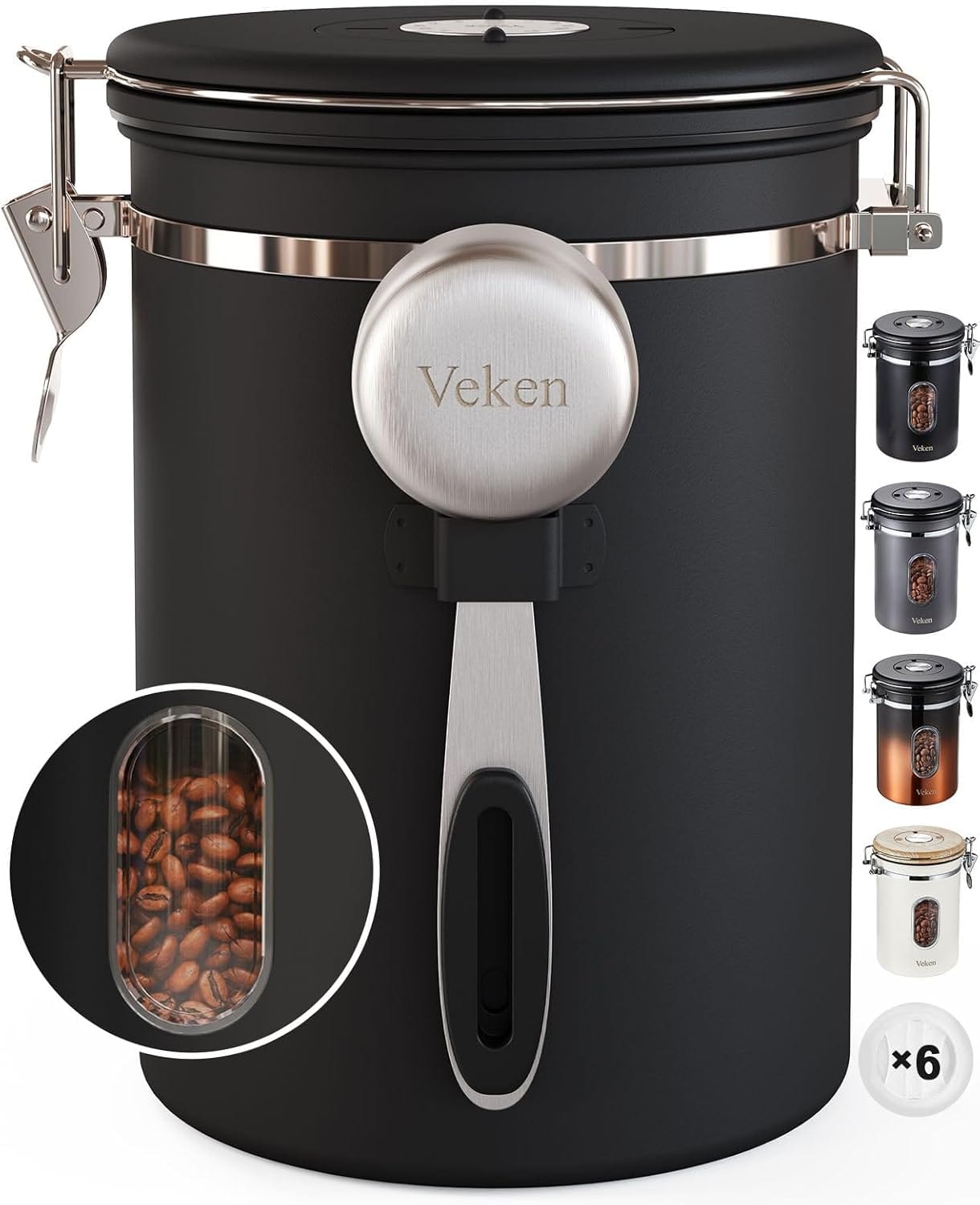 Veken Coffee Canister With Window,Airtight Stainless Steel Container,Home Kitchen Food Storage Organizers For Grounds,Beans,Espresso,Rice,Tea,Sugar,Cereal, Flour,Scoop,Bar Accessories,Gifts,22OZ,Black Veken Coffee Canister with Window,Airtight Stainless Steel Container,Home Kitchen Food Storage Organizers for Grounds,Beans,Espresso,Rice,Tea,Sugar,Cereal, Flour,Scoop,Bar Accessories,Gifts,22OZ,Black