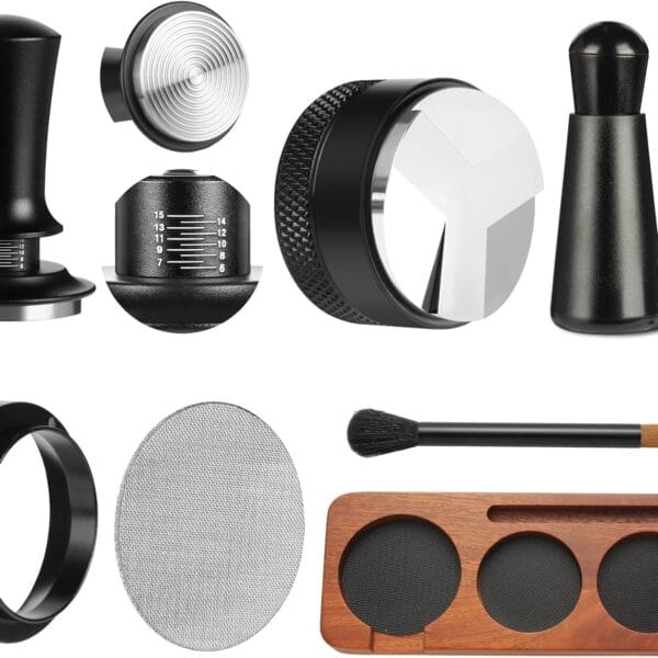 7 PCS Espresso Accessories,51mm Espresso Tamper Tools,WDT Tool Espresso Machine Accessories Kit,Coffee Tamper with Wood Espresso Tamping Station,Distributor,Stirrer,Dosing Funnel,Brush,Puck Screen