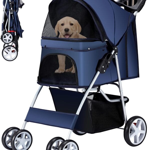 Pet Stroller, 4 Wheels Pet Strolling Cart for Medium/Small Dogs and Cats, Foldable Cat Jogger/Dog Stroller with Cup Holder, Storage Basket, Breathable Mesh, All-Season Pet Carrier, Navy Blue