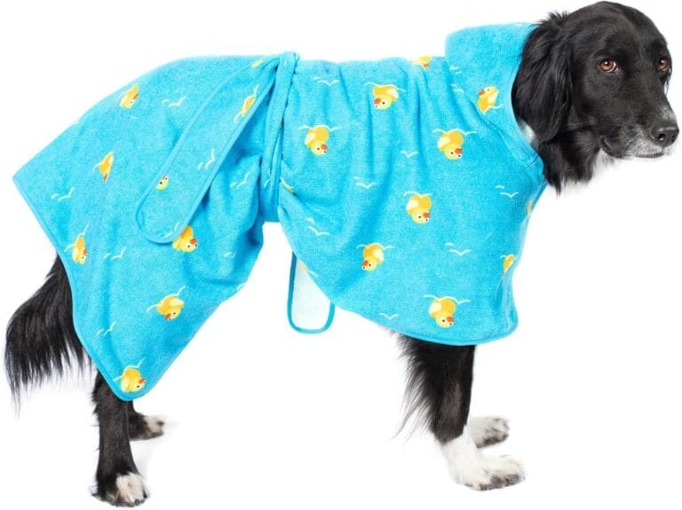 Barkbox Dog Bathrobe Fast Drying with Hook and Loop Closure & Wrap Tie Snuggle, Cute Dogs Clothes, Easy to Clean, Machine Washable, Dog Coats and Tumble Dry Low - Rubber Duck, Large