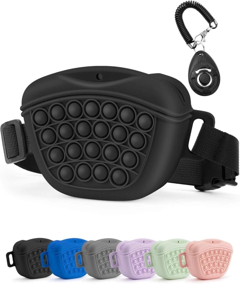 Gobeigo Dog Treat Pouch with Training Clicker 2.0-Upgrade Stronger Magnetic Closure to Avoid Spilling, 1.67 Cup Silicone Treat Bag Fanny Pack with Waist Belt for Pet Training Walking (Black)