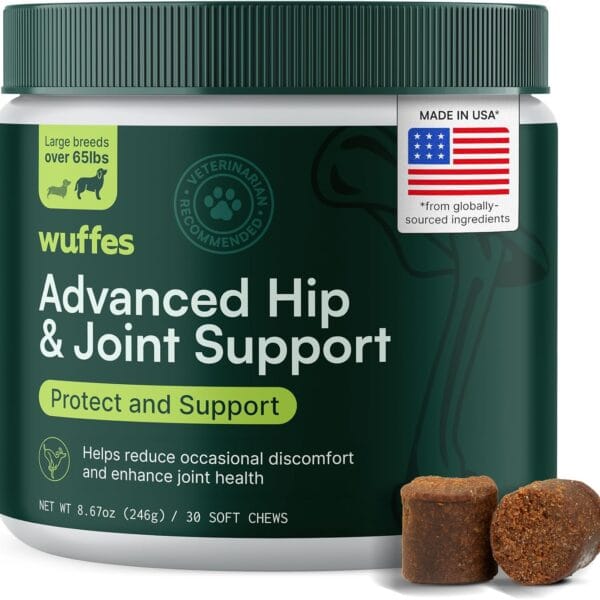 Wuffes Advanced Dog Hip and Joint Supplement with Glucosamine, Chondroitin, Omega 3, MSM, and Green Lipped Mussel, 30 Pork Flavored Chews for Large Dog Breeds