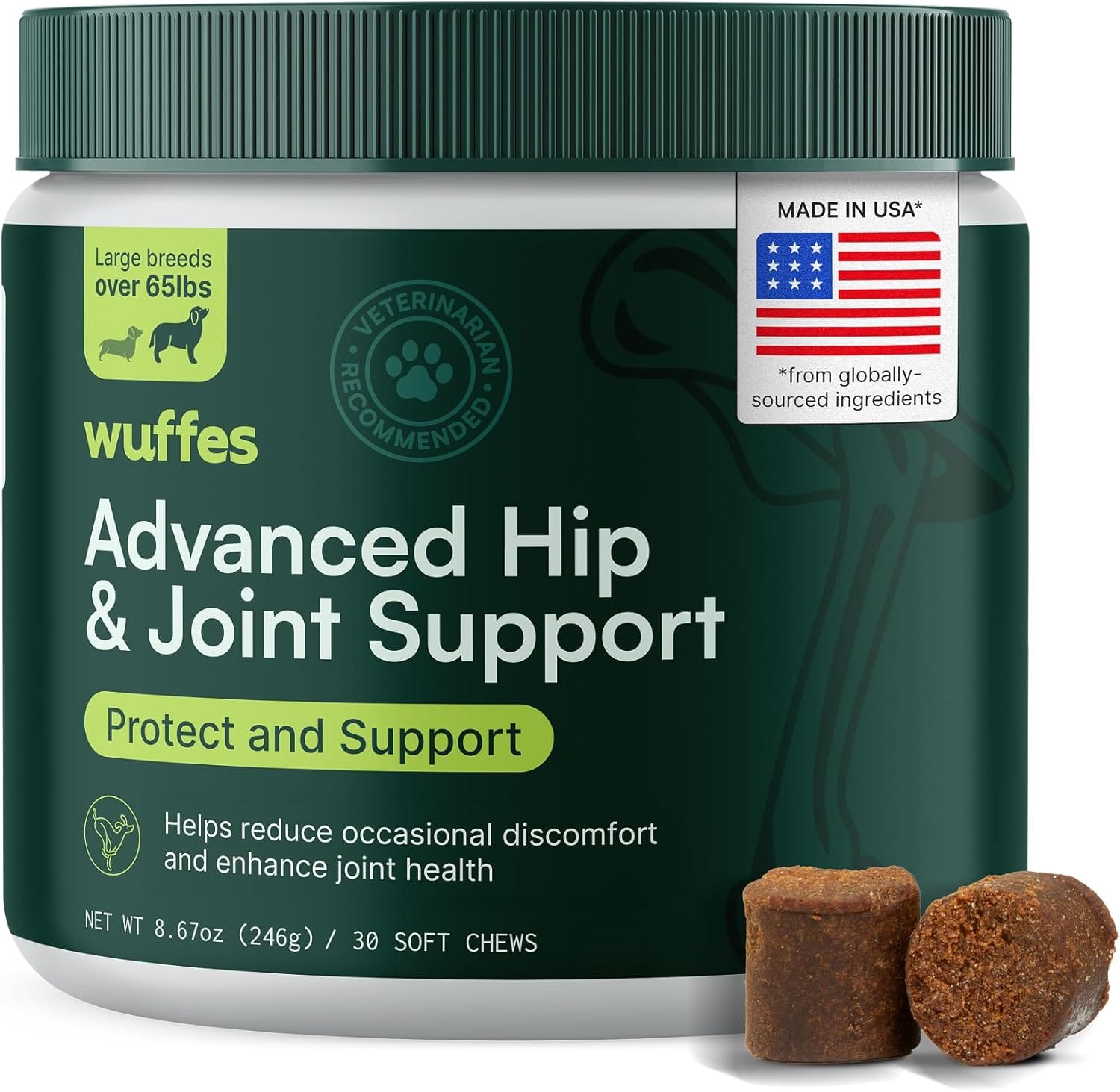 Wuffes Advanced Dog Hip And Joint Supplement With Glucosamine, Chondroitin, Omega 3, MSM, And Green Lipped Mussel, 30 Pork Flavored Chews For Large Dog Breeds Wuffes Advanced Dog Hip and Joint Supplement with Glucosamine, Chondroitin, Omega 3, MSM, and Green Lipped Mussel, 30 Pork Flavored Chews for Large Dog Breeds