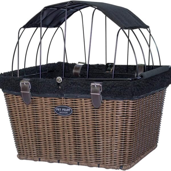 Travelin K9 Pet-Pilot MAX Wicker Bike Basket for Dogs/Cats - Includes Wire Cage Top w/Sun Shade + Plush Removable Padded Liner