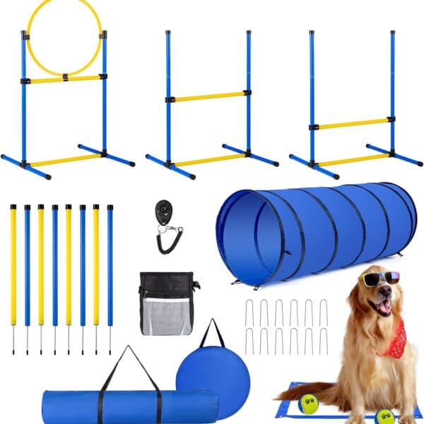 Dog Agility Course Backyard SetDog Agility Equipment, Dog Obstacle Course Backyard With 2-Set Agility Hurdle Jump Ring, 8 Weave Poles, Tunnel, Pause Box, Toy Balls And 2 Portable Carrying Bags