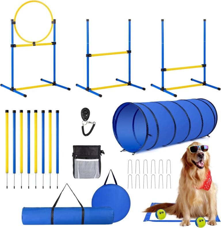 Dog Agility Course Backyard SetDog Agility Equipment, Dog Obstacle Course Backyard With 2-Set Agility Hurdle Jump Ring, 8 Weave Poles, Tunnel, Pause Box, Toy Balls And 2 Portable Carrying Bags