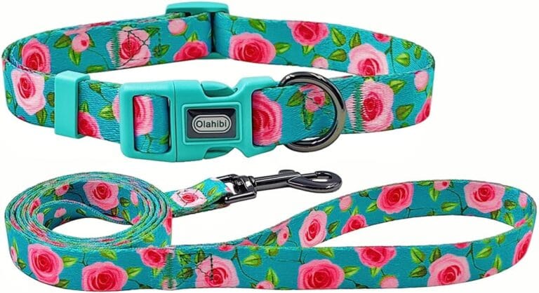 Dog Collar and Leash Set, Rose Pattern, Polyester Material, 5ft Matching Leash, for Small Dogs.(S, Green Rose Set)