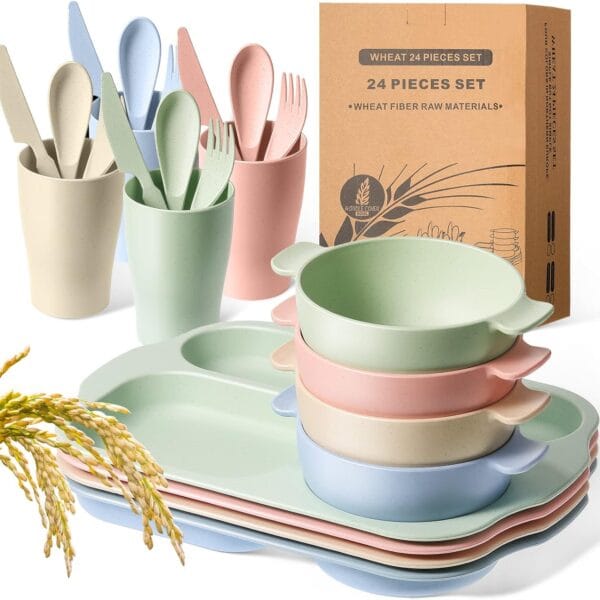 24 Pcs Wheat Straw Dinnerware Cutlery Set for Kids Toddler Aldult Including Divided Plates Microwave Dishwasher Safe Bowl Unbreakable Tableware Straw Cutlery Spoon Knife Fork(Beige/pink/green/blue)