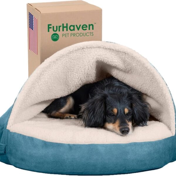 Furhaven 26" Round Cooling Gel Dog Bed for Medium/Small Dogs w/ Removable Washable Cover, For Dogs Up to 30 lbs - Sherpa & Suede Snuggery - Blue, 26-inch