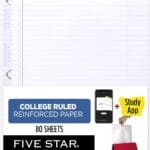Five Star Loose Leaf Paper + Study App, College Ruled Filler Notebook Paper, Reinforced, Fights Ink Bleed, 8-1/2" x 11", 80 Sheets (170102)