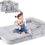 Human Dog Bed for Kids, 2 in 1 Foldable XL Bed for People Fits Pet Families, Orthopedic Calming Memory Foam Dog Sofa, Faux Fur Human Size Pet Bed with Blanket, 54"x38"x8.5", Grey