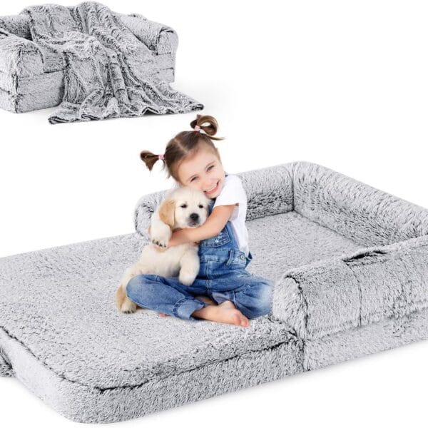 Human Dog Bed for Kids, 2 in 1 Foldable XL Bed for People Fits Pet Families, Orthopedic Calming Memory Foam Dog Sofa, Faux Fur Human Size Pet Bed with Blanket, 54"x38"x8.5", Grey
