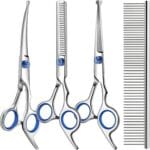 Professional 4 in 1 Dog & Cat Grooming Scissors Kit with Safety Round Tips,Sharp & Durable,Dog Shears for Grooming - Includes Straight, Curved, Thinning Scissors and Comb - Premium Pet Supplies