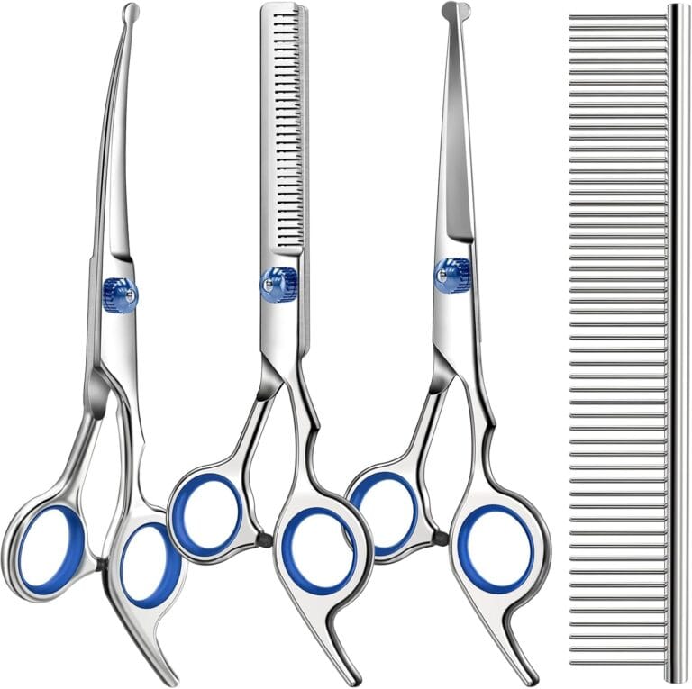 Professional 4 in 1 Dog & Cat Grooming Scissors Kit with Safety Round Tips,Sharp & Durable,Dog Shears for Grooming - Includes Straight, Curved, Thinning Scissors and Comb - Premium Pet Supplies