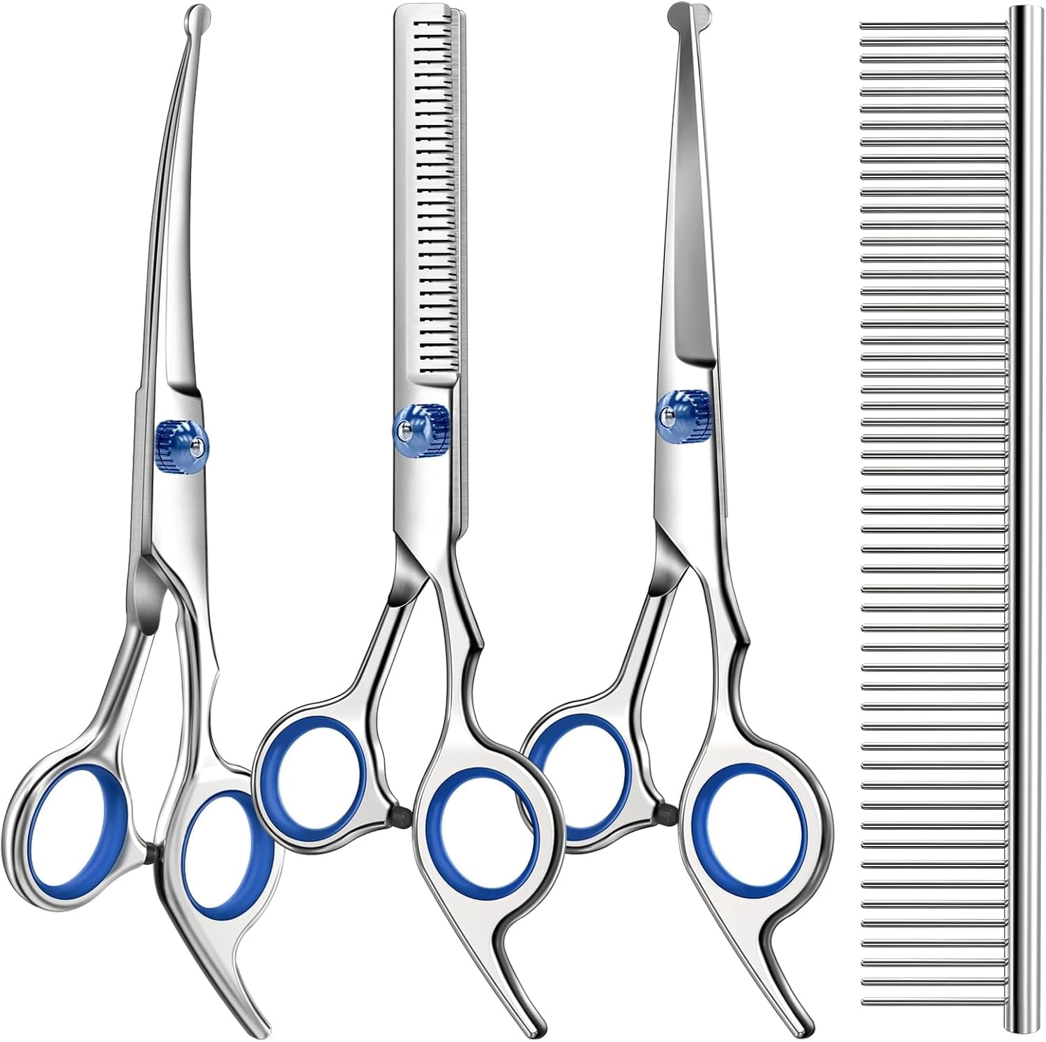 Professional 4 In 1 Dog & Cat Grooming Scissors Kit With Safety Round Tips,Sharp & Durable,Dog Shears For Grooming Includes Straight, Curved, Thinning Scissors And Comb Premium Pet Supplies Professional 4 in 1 Dog & Cat Grooming Scissors Kit with Safety Round Tips,Sharp & Durable,Dog Shears for Grooming - Includes Straight, Curved, Thinning Scissors and Comb - Premium Pet Supplies