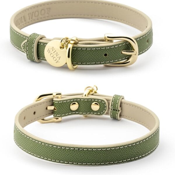 Copenhagen Leather Dog Collar - Handmade with Vegan Soft Leather Round Padded Collar with Adjustable Buckle for Extra Small, Small, Medium, and Large Dogs - Color Olive - Size Extra Small