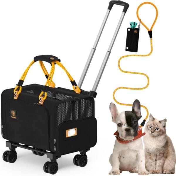 PAWZIDEA Expandable Pet Carrier with Wheels, 18"x11"x11" TSA Airline Approved Cat Carrier for 2 Cats Under Seat, Soft-Sided Dog Carrier for Small Dogs Rolling Travel Bag w/Telescopic Handle, ID Card