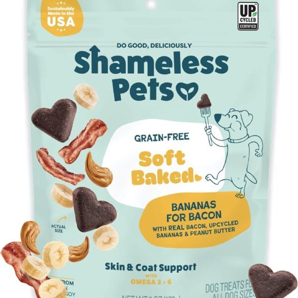 Shameless Pets Soft-Baked Dog Treats, Bananas for Bacon - Natural & Healthy Dog Chews for Skin & Coat Support with Omega 3 & 6 - Biscuits Baked & Made in USA, Free from Grain, Corn & Soy - 1-Pack